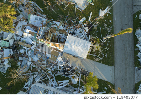 Badly damaged mobile homes after hurricane Ian in Florida residential area. Consequences of natural disaster 119405077