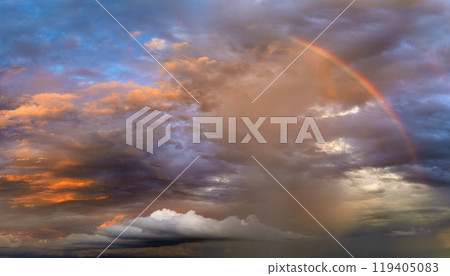 Beautiful sunset sky scenery. Bright colorful orange and yellow clouds on horizon Beautiful sunset sky scenery. Bright colorful orange and yellow clouds on horizon 119405083
