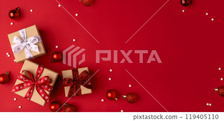 Christmas gift boxes with red balls. 119405110