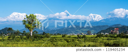 Panoramic mountain view to Annapurna mountain range, Nepal 119405234