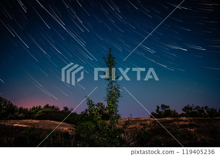 Steppe panorama with curly startrails Steppe panorama with curly startrails 119405236