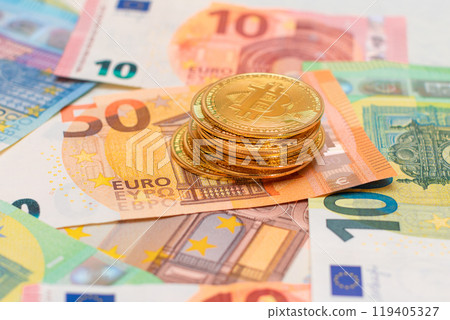 A Stack of Bitcoin Coins on the Euro Banknotes 119405327
