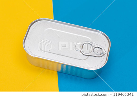 Tin Can on Split Blue and Yellow Background Tin Can on Split Blue and Yellow Background 119405341