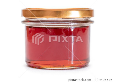 Dark Honey in a Small Glass Jar Isolated 119405346