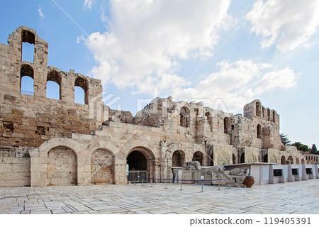 Famous ancient theatre wall. Theatre of Dionysus, Athens in Greece Famous ancient theatre wall. Theatre of Dionysus, Athens in Greece 119405391