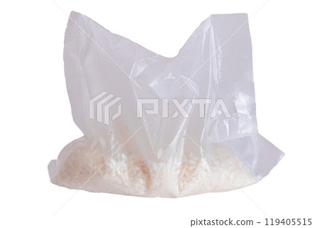 A Plastic Bag of White Long Grain Rice - Isolated on White 119405515