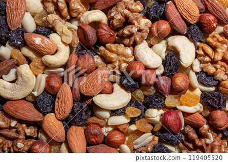 Mixed Nuts: Almonds, Walnuts, Cashews, Peanuts, Hazelnuts, Dried Prunes and Raisins Mixed Nuts: Almonds, Walnuts, Cashews, Peanuts, Hazelnuts, Dried Prunes and Raisins 119405520