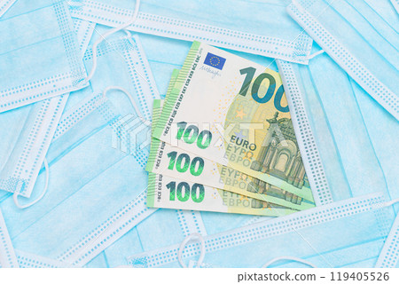 Euro Banknotes with Blue Disposable Medical Face Masks Euro Banknotes with Blue Disposable Medical Face Masks 119405526