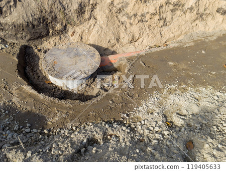 Manhole and pipeline during urban drainage construction Manhole and pipeline during urban drainage construction 119405633