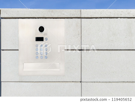 Security keypad and camera on concrete wall Security keypad and camera on concrete wall 119405652