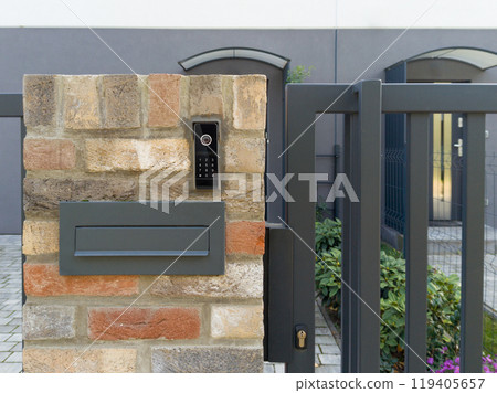 Close up of multicolor brick wall texture 119405657