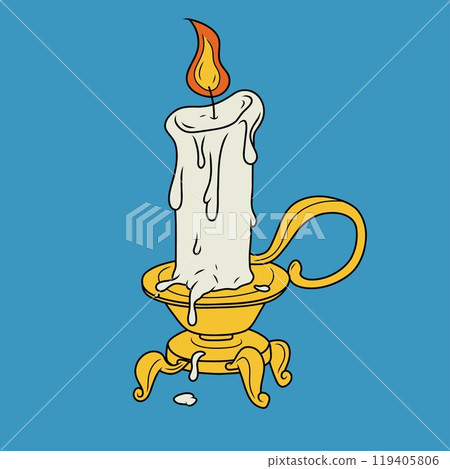 Burning candle in a vintage candlestick Burning candle in a vintage candlestick 119405806