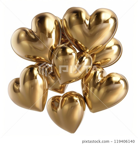 Golden Heart Cluster Isolated on White Background. 3D Shiny Golden Hearts for Valentine Day 119406140