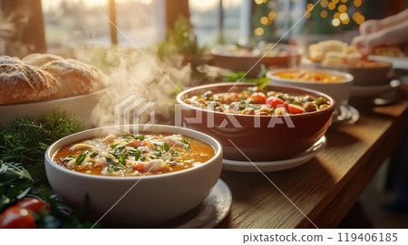 Farmhouse-Style Holiday Feast with Hearty Soups and Fresh Bread in Cozy Kitchen 119406185