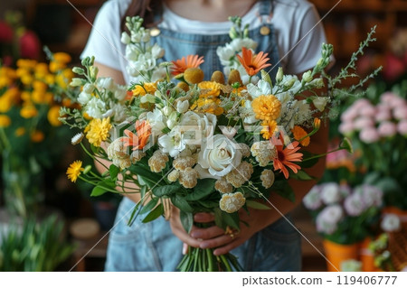 closeup female hands make modern beautiful bouquet on floral shop, florist workplace. woman florist 119406777