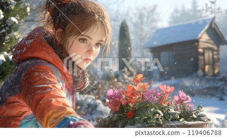 Young Woman Enjoys a Snowy Day with Vibrant Flowers in Winter Wonderland 119406788