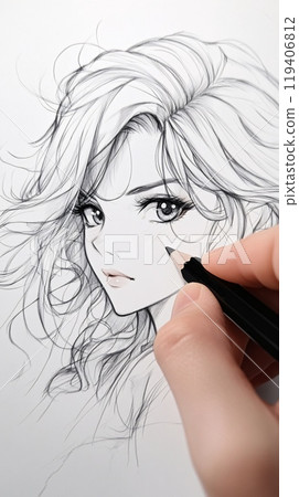 Artist Sketching a Character Portrait Using Pencil: Drawing Process Unveiled 119406812