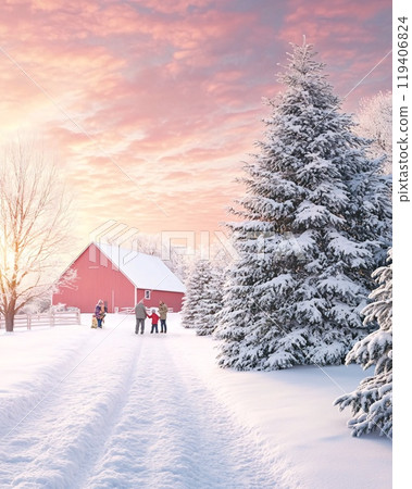 Family Enjoys Winter Wonderland at Scenic Christmas Tree Farm Sunset 119406824