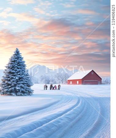 Family Enjoying a Scenic Winter Wonderland at a Christmas Tree Farm 119406825