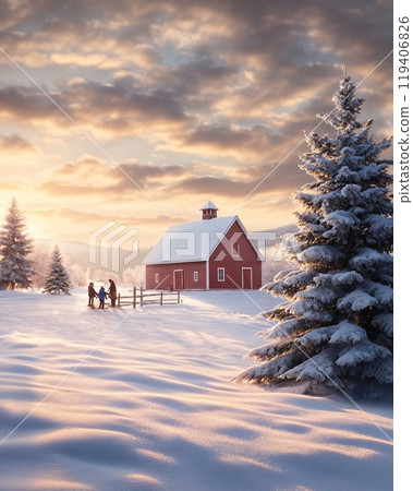 Idyllic Winter Day at a Scenic Christmas Tree Farm with Family Gathering 119406826