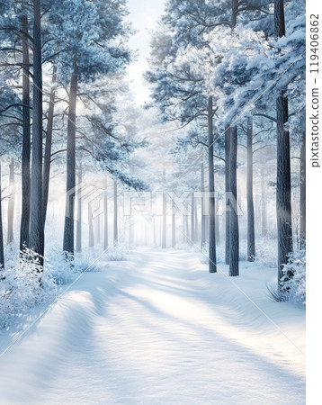 Serene Winter Forest Pathway Through Snow-Covered Trees and Tranquil Landscape Serene Winter Forest Pathway Through Snow-Covered Trees and Tranquil Landscape 119406862