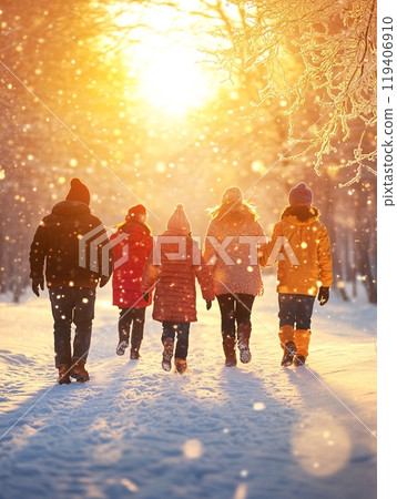 Friends Enjoying a Winter Walk at Sunset in a Snowy Landscape 119406910
