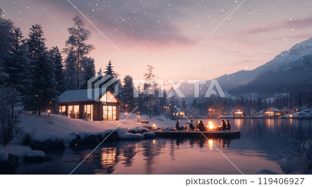 Cozy Winter Gathering by a Lakeside Cabin with Twilight Snowfall Magic 119406927