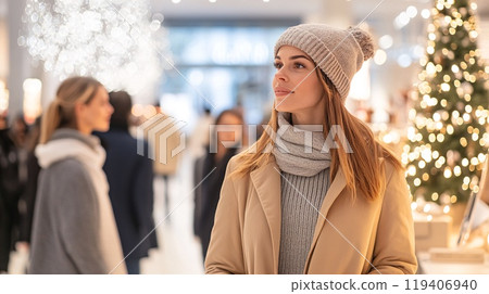 Young Woman Enjoying Festive Shopping in a Modern Bright Retail Store 119406940