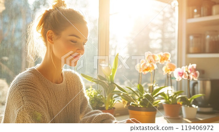 Bright Morning in Sunlit Kitchen with Relaxed Young Woman and Orchids Bright Morning in Sunlit Kitchen with Relaxed Young Woman and Orchids 119406972