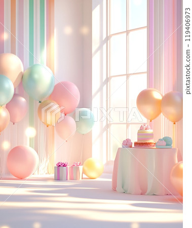 Bright Sunlit Room with Colorful Birthday Party Decor and Balloons Bright Sunlit Room with Colorful Birthday Party Decor and Balloons 119406973
