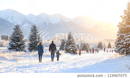 Family Strolls Through Snowy Christmas Tree Farm Amidst Sunlit Winter Landscape 119407075