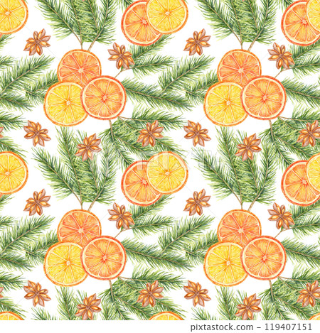 Green spruce or Pine branches, bright oranges, and star anise. Watercolor seamless pattern clipart. Perfect for winter textiles, packaging designs, and seasonal branding for food or home decor Green spruce or Pine branches, bright oranges, and star anise. Watercolor seamless pattern clipart. Perfect for winter textiles, packaging designs, and seasonal branding for food or home decor 119407151