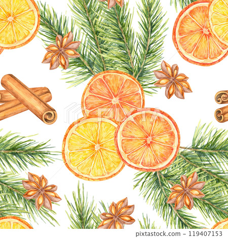Oranges, cinnamon, star anise, and pine branches. Watercolor seamless pattern. Festive Clipart for use in holiday-themed textiles, wrapping paper, or food-related seasonal product packaging Oranges, cinnamon, star anise, and pine branches. Watercolor seamless pattern. Festive Clipart for use in holiday-themed textiles, wrapping paper, or food-related seasonal product packaging 119407153