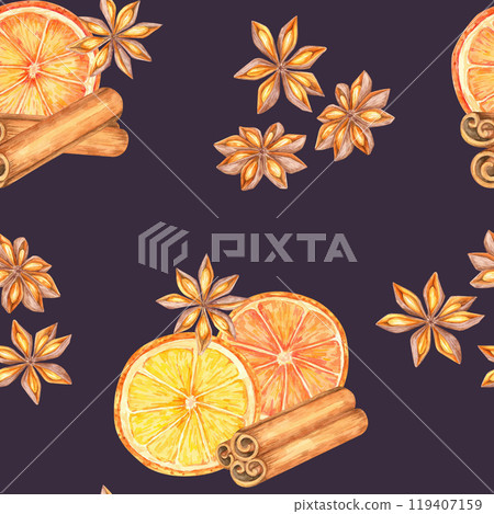 Cinnamon sticks, orange slices, and star anise on dark purple background. Seamless pattern watercolor clipart. Perfect for seasonal textiles, gift wrap, or branding in the food and beverage industry 119407159