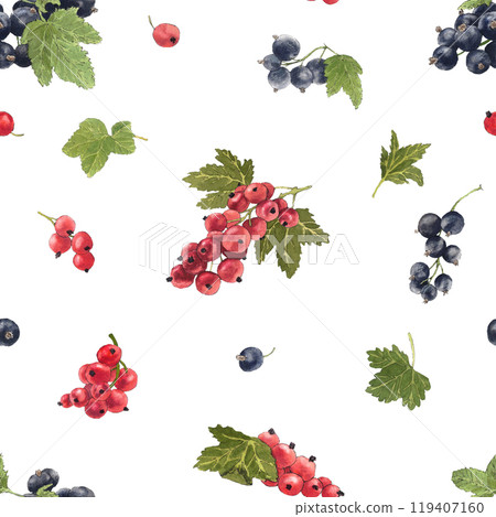 Seamless watercolor pattern of delicious black and red currant and their leaves. Botanical illustration. 119407160