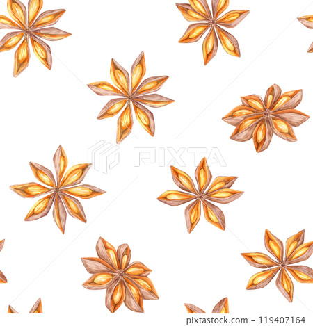 Star anise in shades of brown and orange. Watercolor seamless pattern. Spice fabric clipart is perfect for textiles, wallpaper, and packaging designs, especially for food or holiday-themed products 119407164