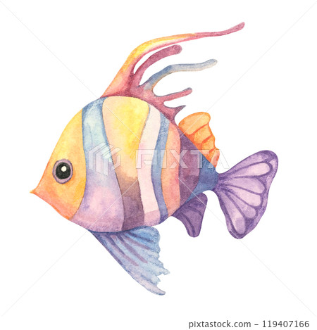 A vibrant fish with purple and yellow fins in watercolor. This tropical fish isolated illustration is great for childrens designs, ocean themed merchandise, or playful aquatic prints on textiles A vibrant fish with purple and yellow fins in watercolor. This tropical fish isolated illustration is great for childrens designs, ocean themed merchandise, or playful aquatic prints on textiles 119407166