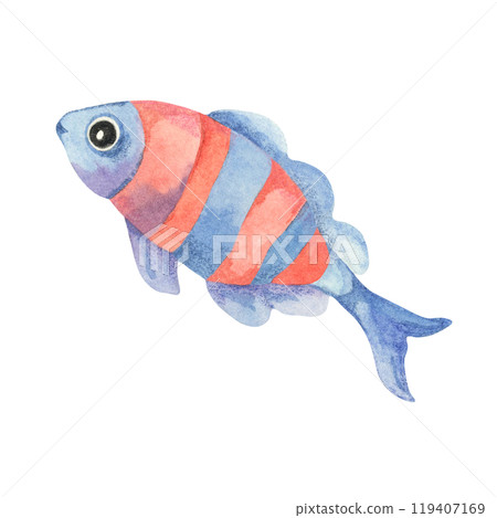 A tropical fish in soft blue and pink stripes. Hand drawn Clownfish. Isolated watercolor clipart for childrens projects, aquatic themed party decor, or ocean inspired designs for fabric and stationery 119407169