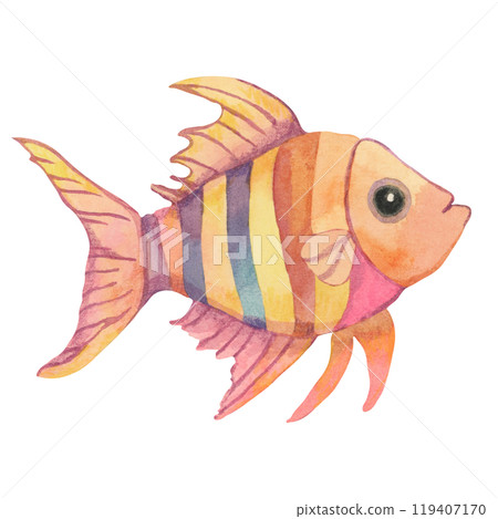 A colorful fish featuring pink, yellow, and orange stripes. Angelfish. Isolated watercolor clipart for nursery, childrens books, or aquatic themed merchandise for a vibrant and fun design 119407170