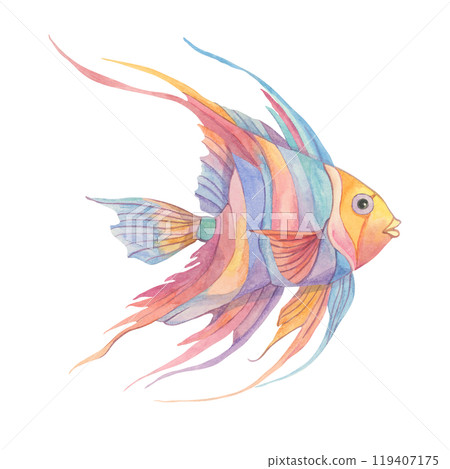 Tropical fish in watercolor with blue, orange, and pink stripes. Threadfin butterflyfish isolated clipart is ideal for childrens illustrations, aquatic themed posters, or whimsical undersea designs. Tropical fish in watercolor with blue, orange, and pink stripes. Threadfin butterflyfish isolated clipart is ideal for childrens illustrations, aquatic themed posters, or whimsical undersea designs. 119407175