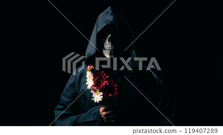 black death holds flowers in his hand 119407289