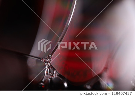 Red and black liquids, liquid connection, fantastic lines, bubbles in darkness, horror background 119407437