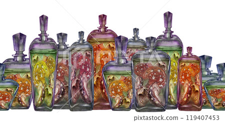 Seamless border of glass vintage bottle with liquid and poisonous mushrooms fly agarics. Watercolor illustration template for magic potion, alchemy, Halloween, medicine, fairy dreams, aromatherapy 119407453