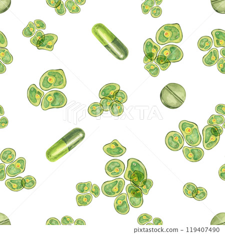 A seamless pattern of green Chlorella algae cells with green capsules. This superfood watercolor clipart is perfect for health-related merchandise, supplement product labels, or scientific branding 119407490