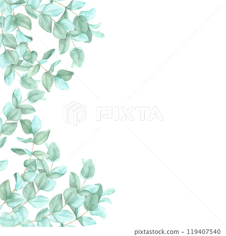 Eucalyptus leaves creating a half-frame along one side, with the other side left blank for text. Watercolor clipart frame, ideal for designing greeting cards, promotional posters, or business branding 119407540