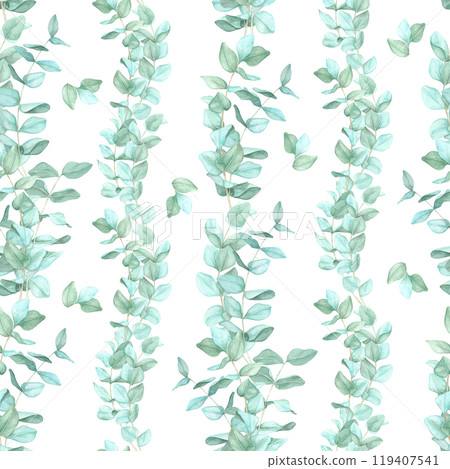 Vertical green eucalyptus branches with leaves in a background. Seamless pattern, watercolor clipart. Suitable for wrapping paper, fabric designs, and stationery, offering a fresh botanical element 119407541