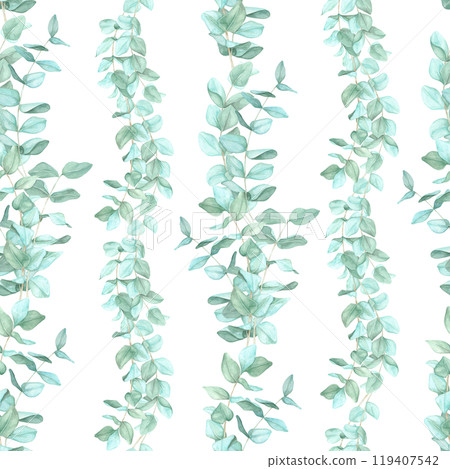 Green eucalyptus branches arranged vertically. Seamless pattern, watercolor clipart. Ideal for home decor textiles, wallpaper, and gift wraps, offering a nature-inspired design for products Green eucalyptus branches arranged vertically. Seamless pattern, watercolor clipart. Ideal for home decor textiles, wallpaper, and gift wraps, offering a nature-inspired design for products 119407542