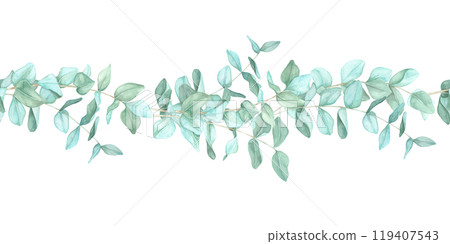 Eucalyptus branches with green leaves forming a simple horizontal border. Seamless border, watercolor clipart. Suitable for wedding invitations, social media graphics, or fabric trims Eucalyptus branches with green leaves forming a simple horizontal border. Seamless border, watercolor clipart. Suitable for wedding invitations, social media graphics, or fabric trims 119407543