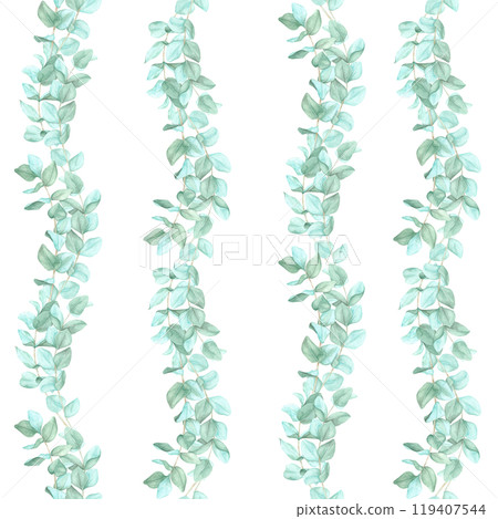 Vertical green eucalyptus branches in rows. Seamless pattern, watercolor clipart. Perfect for wrapping paper, curtains, and decorative pillows, adding a nature-inspired design to home products Vertical green eucalyptus branches in rows. Seamless pattern, watercolor clipart. Perfect for wrapping paper, curtains, and decorative pillows, adding a nature-inspired design to home products 119407544