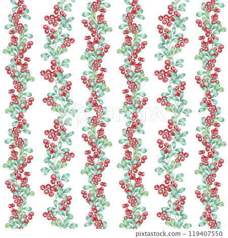 Red berries and green leaves arranged in a seamless pattern. Cranberry or lingonberry clipart. This watercolor illustration is ideal for stationery, holiday cards, and product packaging Red berries and green leaves arranged in a seamless pattern. Cranberry or lingonberry clipart. This watercolor illustration is ideal for stationery, holiday cards, and product packaging 119407550